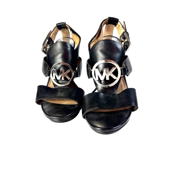 Michael Kors Black Leather Logo Heels | MK Platform Sandals Size 6 - Picture 1 of 8